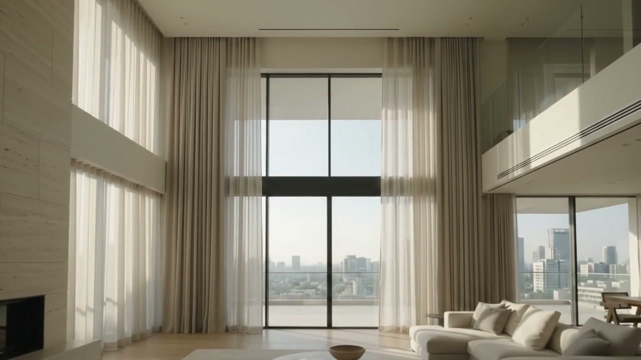 סלון בגובה כפול עם וילונות שקופים לאורך קיר זכוכית