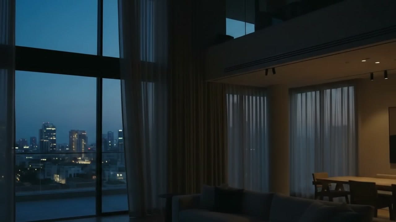 סלון בגובה כפול בשעת ערב עם וילונות שקופים